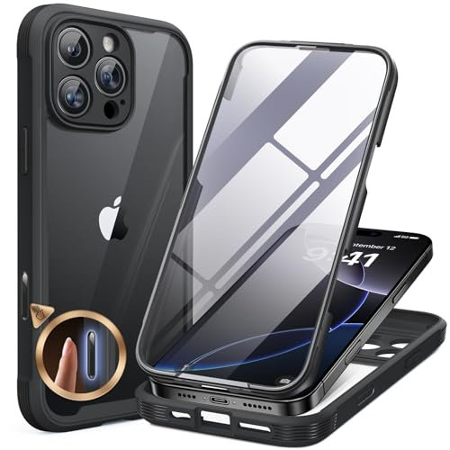 Miracase Glass Case for iPhone 16 Pro Case 6.3-Inch,[Camera Control Button Covered] + [Built-in 9H Tempered Glass Screen Protector without Bubble] Full Body Bumper Clear Back Cover (Black)
