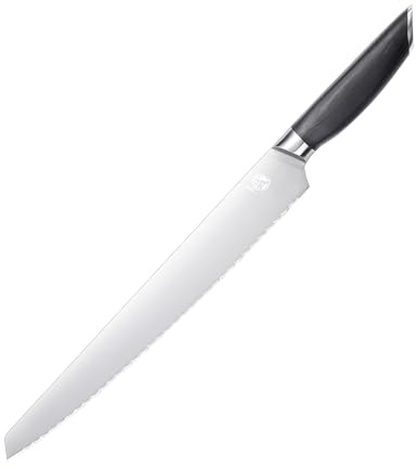 MITSUMOTO SAKARI Double Edged Bread Knife, Multi-Purpose Serrated Knife | 12 inch Cake Cutter, Full Tang Stainless Steel Blade, Serrated Slicer Knife, Black Wood Handle, Cut Bread Without Crumbling