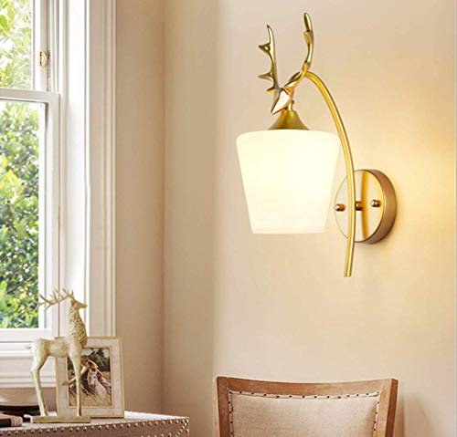 SSNCcNC Gold, Moderne Hirsch Wandlampe Schlafzimmer Wandleuchten Amerikanischen land stil Wandleuchte Glas Lampenschirm TV-Wand Hotel Wohnzimmer Nachttischlampe 1 x E27-Fassung