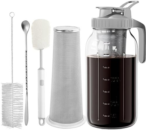 Cafultgo Cafetière à froid, pichet en verre de 64OZ, filtre en acier inoxydable, couvercle hermétique 、Cuillère et tasse brosse (64OZ Grey)