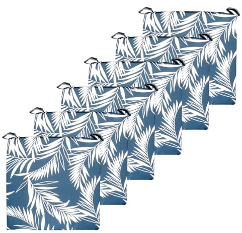Atout Ciel Lot de 6 Galettes de Chaise Bicolore à Scratch en Tissu déperlant 40x40x4cm, Bleu imprimé/Bleu Uni