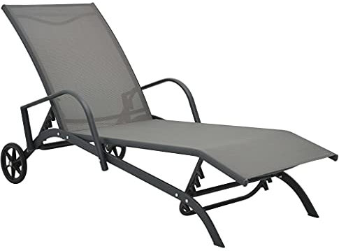 Myheimly Sonnenliege mit 2 Rädern Gartenliege Relaxliege Gartenmöbel Liege Liegestuhl Strandliege Freizeitliege Rollliege Stahl Textilene,1 PZ