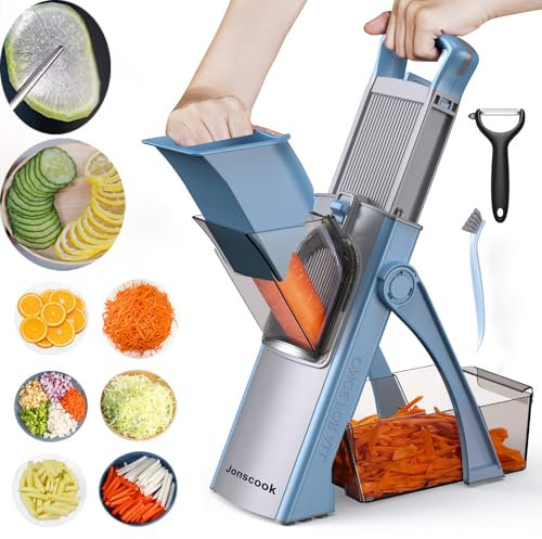 Jonscook All-in-1 Update Sicherer Mandolinenschneider für die Küche, Zerkleinerer, Gemüseschneider mit größerem Behälter, Dicke Verstellbarer Gemüseschneider, Mandoline Plus (BlauGrau)