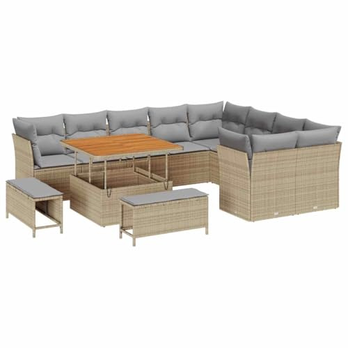 vidaXL Garten-Sofa-Set 12 pcs Beige und Hellgrau 100 x 100 x 71 cm, Garten- und Terrassenmöbel, Moderne, UV-beständige Materialien, abnehmbare Kissen, Outdoor-Sitzgruppe, Poly-Rattan-Sofa