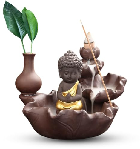 Rückfluss Räuchergefäß Buddha Figur Burner Waterfall Backflow Räucherbrenner, Keramik Weihrauchbrenner für Räucherstäbchen & Weihrauch, Dekorative Räucherstäbchenhalter für Meditation, Yoga & Zuhause