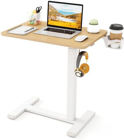 COSTWAY Mobile Standing Desk, 60 x 40cm Height Adjustable Laptop Desk Overbed Table with Hidden Wheels, Cup Holder and Headphone Hook, Rolling Computer Desk Workstation Teacher Podium (Natural+White)