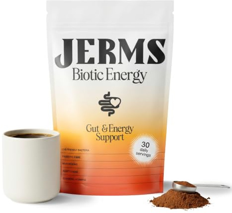 JERMS Biotic Energy Probiotic Drink Powder - Lion's Mane, Magnesium & D3 | Live Cultures, Prebiotic Fibre, B-Complex, Cordyceps, Caffeine-Free Cacao, Mushroom Coffee Alternative, 30 Servings