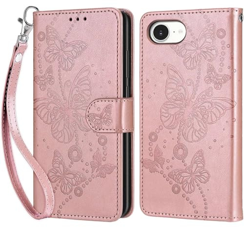 KENHONER Handyhülle für iPhone 17e / 16e Hülle, Roségold | PU Leder Flip, Klappbar, Stoßfest, Magnetisch, Standfunktion, Kartenfächer, Retro Design, Handgelenkband