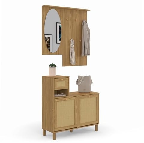 IDMarket - Eingangsgarderobe mit Spiegel HANAE Natur-Effekt Rohrgeflecht
