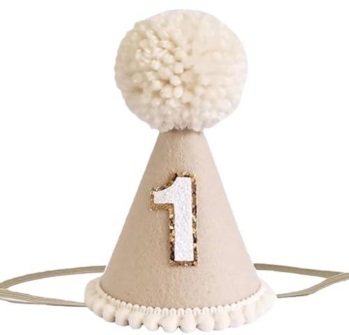 Vyqrx 1st Birthday Hat for Baby Boys Girls– Brown Felt Birthday Crown with Pom Pom, Soft Adjustable Party Hat for 1 Year Old Celebration, Cake Smash, Photo Props (Brown and white)