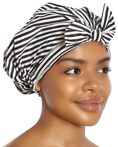 Shower Caps for Women with Bow, Waterproof Reusable Elastic Band Shower Bath Caps for Long Hair and Short Curly Protection Ladies Showers Cap for Women Girls Black White Stripe Pattern (White&Black)