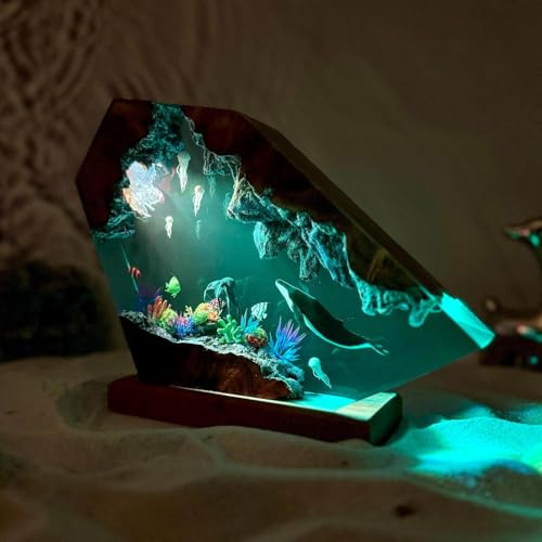 Mixtric Ozean Kreativ Lampe aus Epoxidharz und Holz, Handgefertigte Meereslampe, Led Nachtlicht, Schreibtischdekoration, Weihnachts und Geburtstagsgeschenk,Colored Light,8 * 5in