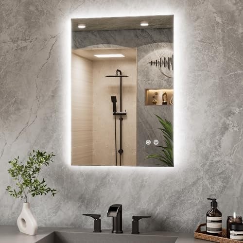 TETOTE Badspiegel mit Beleuchtung 50x70cm, Rechteckiger Badezimmerspiegel, Badezimmer Wandspiegel Ohne Rahmen, Led Badspiegel mit 3 Lichtfarben Dimmbarer,Antibeschlag, Speicherfunktion, IP44