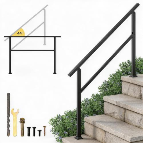 TANGZON Outdoor Handrail for Steps, Adjustable Stair Railing Kit for Garden | Fits 1-4 Steps, 42 Degree Angle, Carbon Steel Support Rail with Crossbar, 150 kg Capacity and Outdoor Fixing Kit
