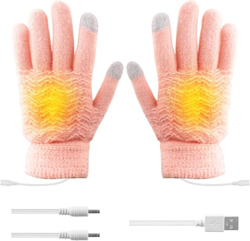 USB Heated Gloves, Women's Warm Gloves Heated Knitted Hand Warmer Washable Suitable for Snow Climbing Outdoor (Double Sided Heating) (Pink)