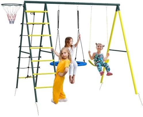 Outsunny Columpio Infantil 4 en 1 Exterior Nido Niños 3 a 8 Años Amarillo | Columpio Individual, Red para Escalar, Canasta de Baloncesto, Escalera, Carga 160 kg, Parque Infantil