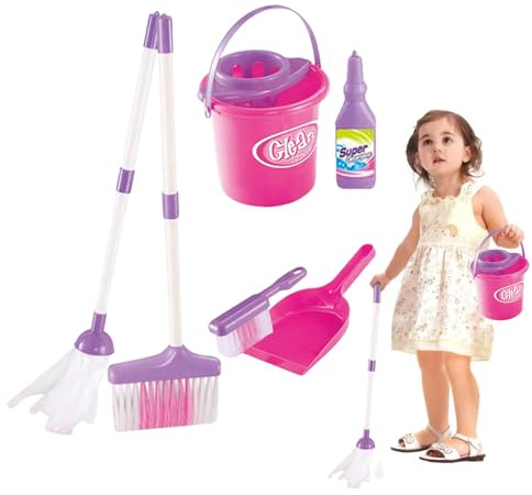 Juego de escobas y limpieza para niños pequeños, juego de hogar | Imagínese jugando juguetes domésticos para niñas a partir de 3 años, incluye escoba y fregona. Mantenga su BES