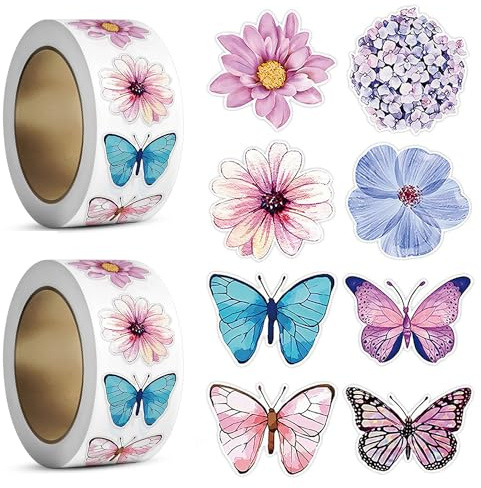 NISENTIA 1000 Stück/2 Rollen Sticker Blumen, Schmetterling Sticker Frühling Aufkleber Blumen Schmetterlinge Frühlings Sommer Blumensticker zum Aufkleben Stickerrolle für Umschläge Fotoalbum Scrapbook