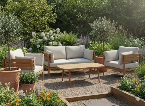 PAWS MEBLE PLANICA Aluminium Gartenmöbel Set 4 Personen – Garten Lounge Set mit Sofa, 2 Sesseln & Tisch – Wetterfeste Balkonmöbel mit Polywood & 10 cm Polstern – Grau