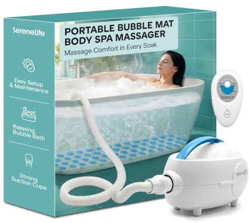 Portable Spa Bubble Bath Massager - Thermal Spa Waterproof Non-Slip Mat with Suction Cup Bottom, Motorized Air Pump & Adjustable Bubble Settings - Remote Control Included - Serenelife AZPHSPAMT22