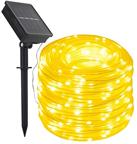 100 luces LED de cuerda solar de 12 metros impermeables de DINOWIN, ideales para jardín, camino, árbol o fiestas, bodas, etc