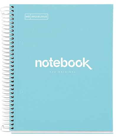 Miquelrius - Notizbuch A5 Notebook Emotions, 120 Blatt 90 g/m², Raster 5 x 5 mm, 5 Farbige Streifen, Mikroperforierte Spirale, Extra fester Einband, 2 Löcher, Farbe Himmelblau