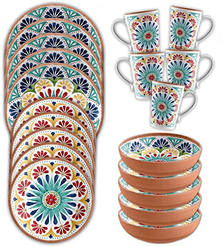 Patterned Outdoor Melamine Dinnerware Set with Mugs - Multicolour Camping/Picnic Plates Bowls Cups Set (20, Rio Medallion)
