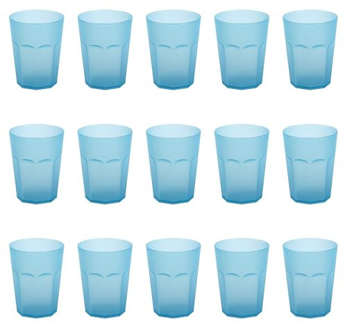Engelland - 15 x Plastikbecher, Trinkbecher, Hell-Blau, Frostoptik, 400 ml, Eichstrich, bruchfest, stapelbar, Mehrweg, Kunststoff, wiederverwendbar, Party-Becher, Trink-Glas