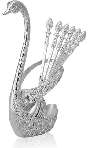 Agatige 6Pcs Coffee Dessert Spoon Set, Stainless Steel Teaspoons Flatware Set Metal Cake Spoon with Decorative Swan Base Holder for Kitchen Bar, Teaparty (Silver)