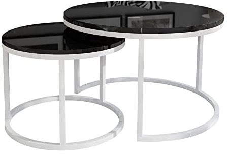 lukmebel Couchtisch rund - CIRI 2in1 - Beistelltisch rund - Kaffetisch - Industrial Deko - Deko Wohnzimmer - Kleiner Beistelltisch - Sofatisch - Kleiner Tisch - Weiß, Schwarz Hochglanz
