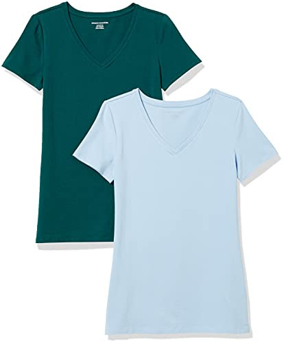 Amazon Essentials Women's Regular-Fit Short-Sleeve V-Neck T-Shirt, Pack of 2, Dark Green/Powder Blue, L