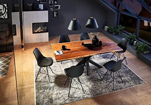 SAM 7 TLG. Essgruppe Quincy 160 x 85 cm, Akazienholz massiv & nussbaumfarben, Baumkantentisch mit Spider-Gestell Schwarz + 6 x Stuhl Lerche schwarz