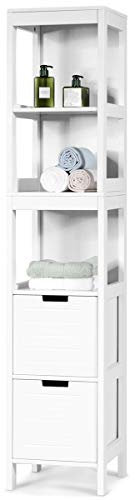 COSTWAY Bathroom Tall Cabinet, Floor Standing Organiser Cupboard with 2 Drawers and 3 Open Compartments, Home Living Room Hallway High Storage Shelf Unit (White, 30 x 30 x 145cm)