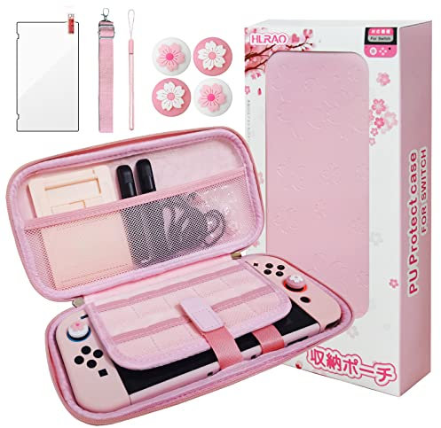 HLRAO Rosa Tasche Kompatibel mit Nintendo Switch(NOT OLED/Lite), Sakura-Design Hartschale, Solides Tragbar Aufbewahrungstasche, Stoßfest, Mit HD Glas-Displayschutzfolie,Und 4 Sakura Daumengriffkappen.