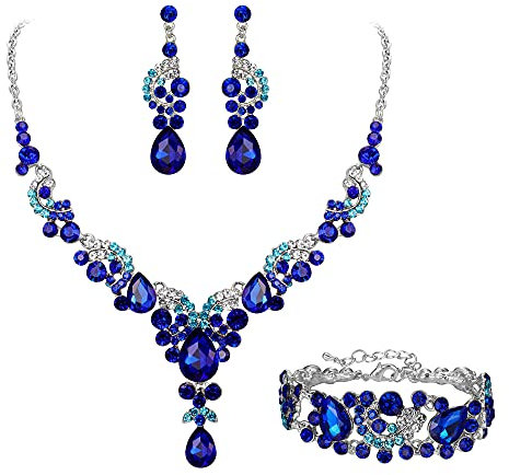 EVER FAITH Kristall Schmuckset Hochzeits Braut Art Deco Floral Teardrop Halskette Ohrringe und Armband Set Blau mit Himmelblau