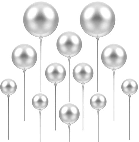 STOBOK Balls Cake Cupcake Topper:12PCS Silver Happy Birthday Pearl Insert Cup for Party Wedding Anniversary Baby Shower Cake Decoration