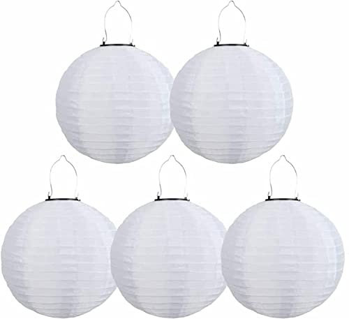 Lot de 5 lampions solaires LED d'extérieur étanches - Lanterne de jardin ronde en forme de boule - Abat-jour pour mariage, église, jardin, fête - Décoration (blanc, 25 cm)