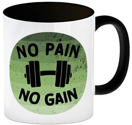 speecheese No pain no gain Fitness Kaffeebecher Schwarz mit Hantel