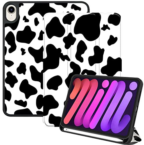 Deokke Compatible with iPad mini 7 Case(A17 Pro) 2024 iPad mini 6 Case 8.3 Inch 2021,Pencil Holder Soft Back Auto Sleep/Wake Cover Women Men Girls Cute-Black Cow