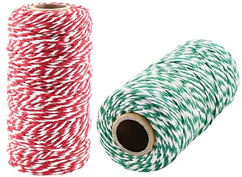 Piutouyar Cordel rojo y blanco y cordel rojo y verde, cordel de algodón a rayas, cuerda de caramelo para panaderos, cuerda de algodón para envolver regalos, hornear (328 pies/rollo)