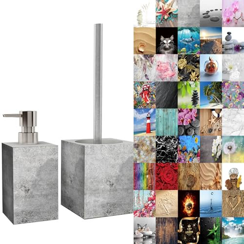 Sanilo Badezimmer Set, Seifenspender und WC Bürste mit Motiv, große Auswahl, Klobürste ohne Bohren, schöne Designs (Beton)