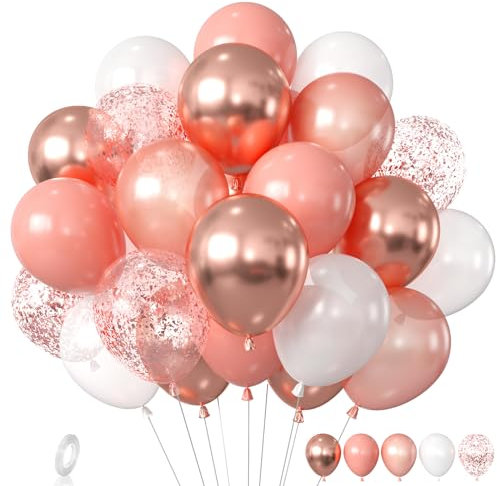 Rose Gold Balloons, 60Pcs Rose Gold White Balloons, Metallic Rose Gold and Rose Gold Confetti Balloons, Rose Gold White Balloons for Girls Baby Shower Party,Wedding, Birthday Party Decorations