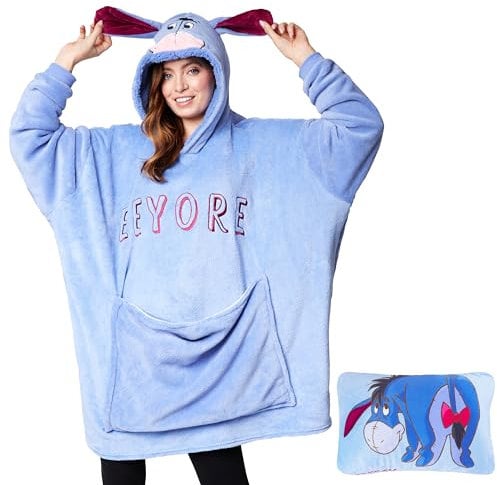 Disney Stitch Damen Hoodie Decke mit Ärmeln - 2-in-1 - Oversized Kapuzenpullover Fleece Tragbare Decken für Teenager (Blau Eeyore)