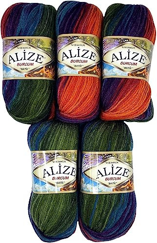 5 x 100 Gramm Alize Burcum Batik Wolle mehrfarbig mit Farbverlauf, 500 Gramm Acryl Strickwolle bunt (lila orange blau grün 4827)
