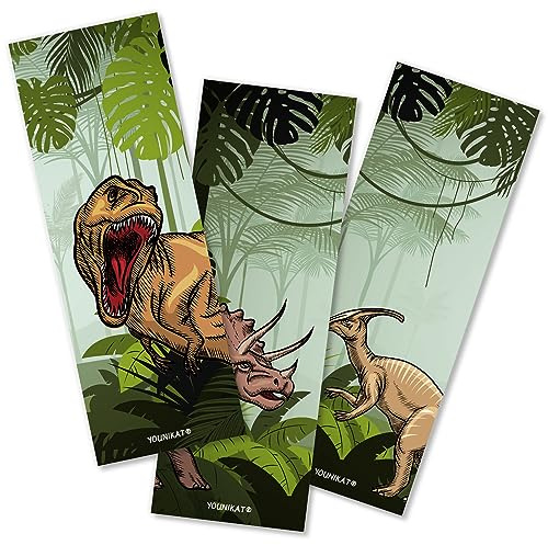 younikat 12 Stück Lesezeichen Dinosaurier 5,2 x 14,8 cm Dschungel - dv1249 | für Notizen, beschreibbar, blanko, 3 verschiedene Motive, für Einschulung und Schulanfang