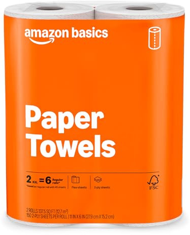 Amazon Basics 2-Ply Flex-Sheets Paper Towels, 2-Pack, 150 Sheets per Roll, 2 Basics Rolls = 6 Regular Rolls, for Everyday Use, Spills and Messes