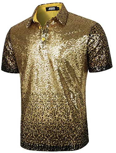 JOGAL Herren 70er Pailletten Hemd Kurzarm Disco Party Oberteile Nightclub Glitzer Poloshirts Schwarz Gold Mittel