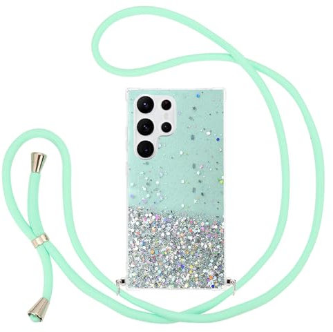 Pepmune Chaîne De Téléphone Portable pour Samsung Galaxy S24 Ultra 5G avec Dragonne,Étui De Protection en Silicone Transparent avec Cordon À Suspendre pour Filles,Vert Menthe