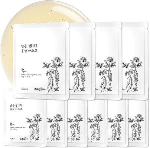 [varuza] Real Natural Sheet Mask – EWG VERIFIED, Vegan Face Mask for Hydration & Skin Balance, Biodegradable Sheet, Clean Beauty Skincare (Radiance Ginseng [10 PACK])