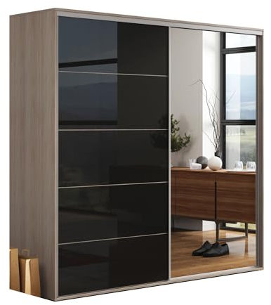 BM-Möbel Großer Kleiderschrank mit Schiebetür aus Glas/Lacobel und Spiegel - mit Einlegeböden und Kleiderstange für Garderobe - 2-türig - Sonoma, Lacobel Schwarz - 200 X 62 X 215 cm (B/T/H)
